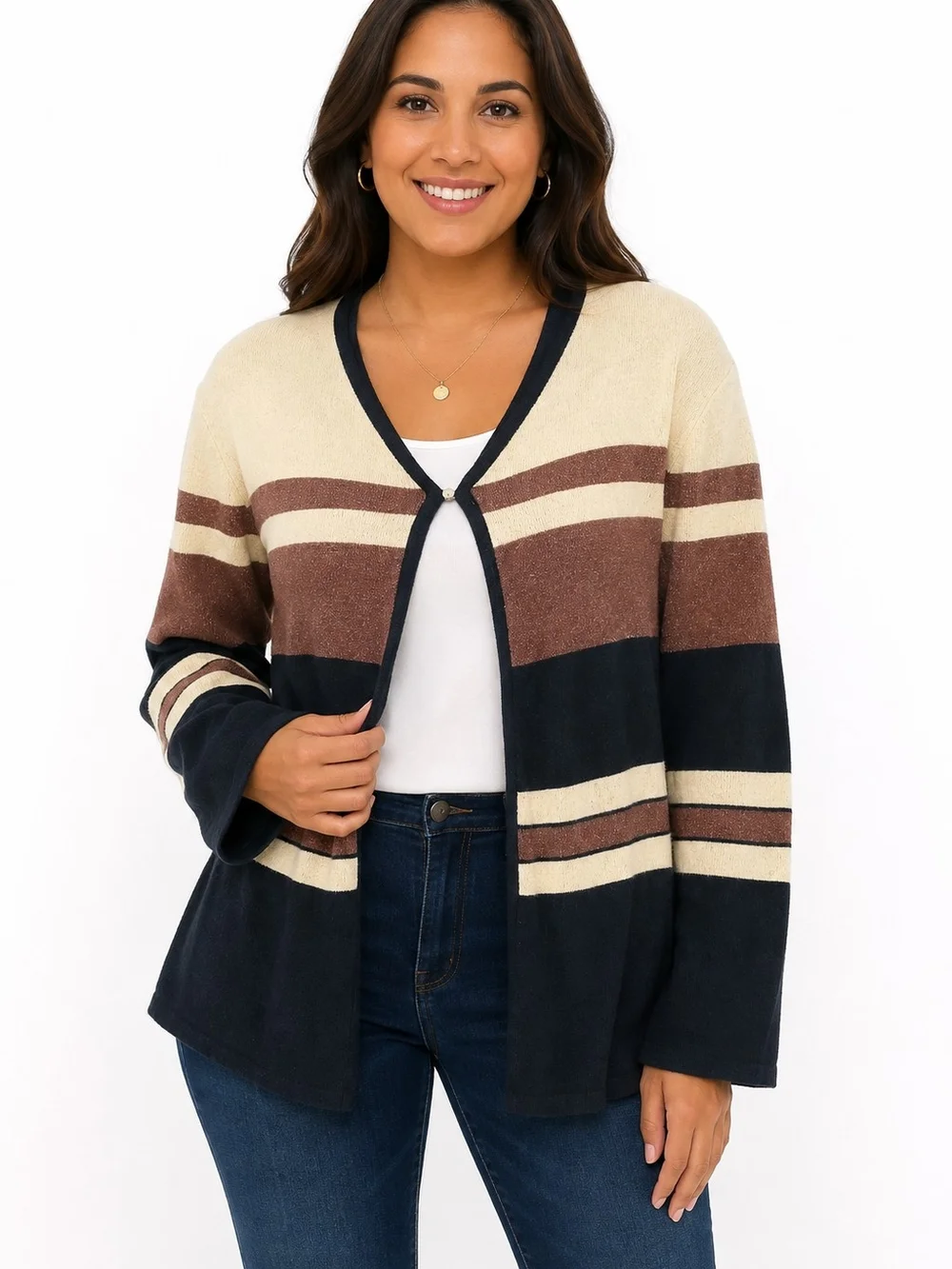 Sag Harbor Navy, Brown & Cream Striped Open-Front Cardigan Women's XL